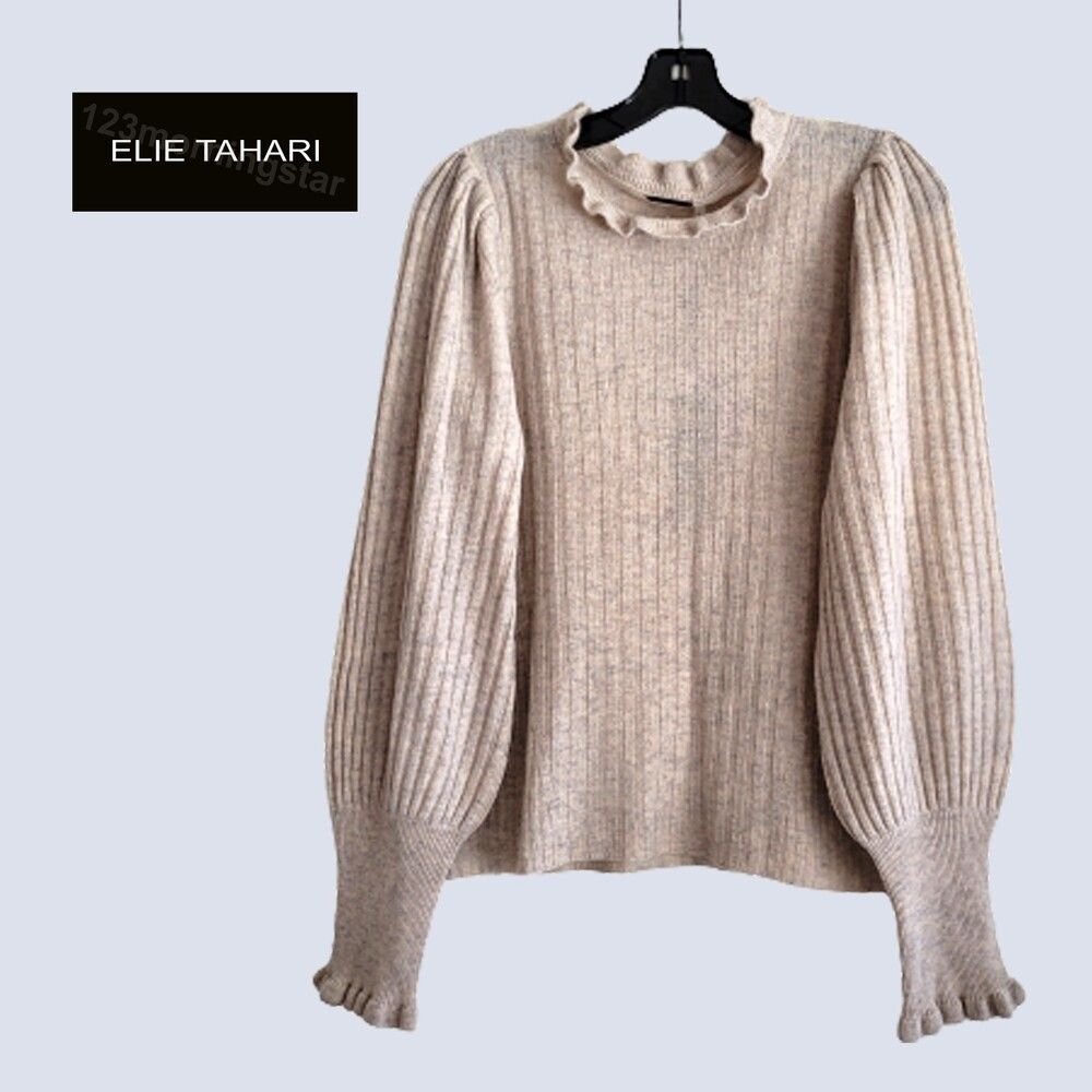 ELIE TAHARI NEW Oat Beige Cashmere Blend Ruffle Puff Sleeve Sweater L
